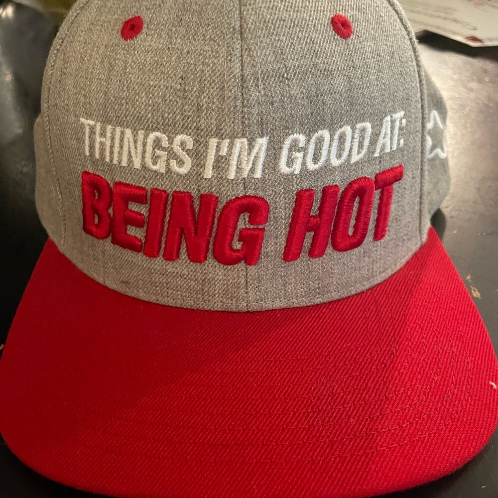 Gray and Red Cap with Embroidered Text
